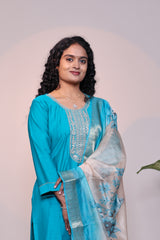 Blue embroidery 3/4 slevee salwar suit with matching pant and floral printed dupatta
