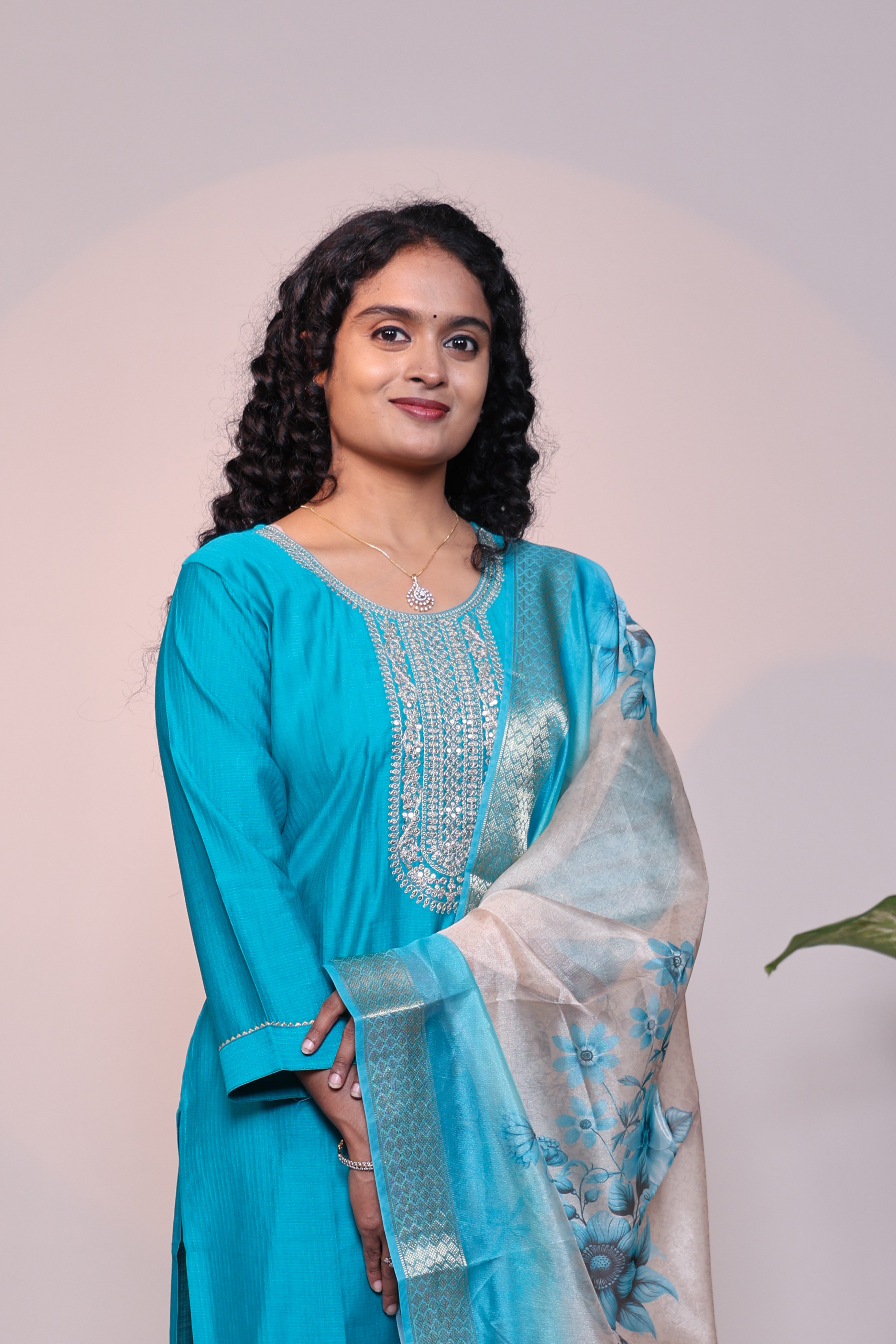Blue embroidery 3/4 slevee salwar suit with matching pant and floral printed dupatta