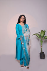Blue embroidery 3/4 slevee salwar suit with matching pant and floral printed dupatta