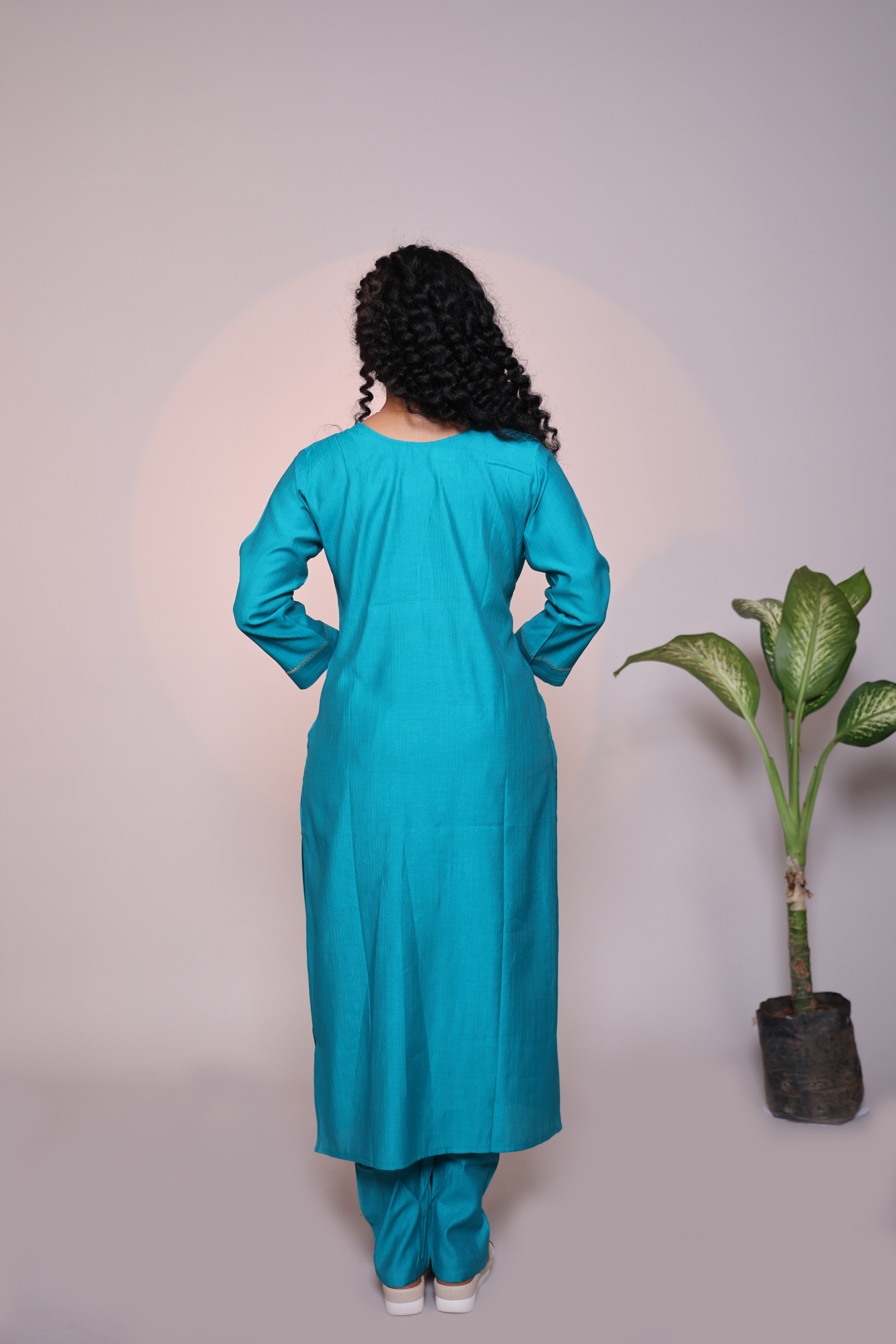 Blue embroidery 3/4 slevee salwar suit with matching pant and floral printed dupatta