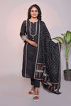 Black motifs design 3/4 slevee salwar suit with matching pant and floral printed dupatta
