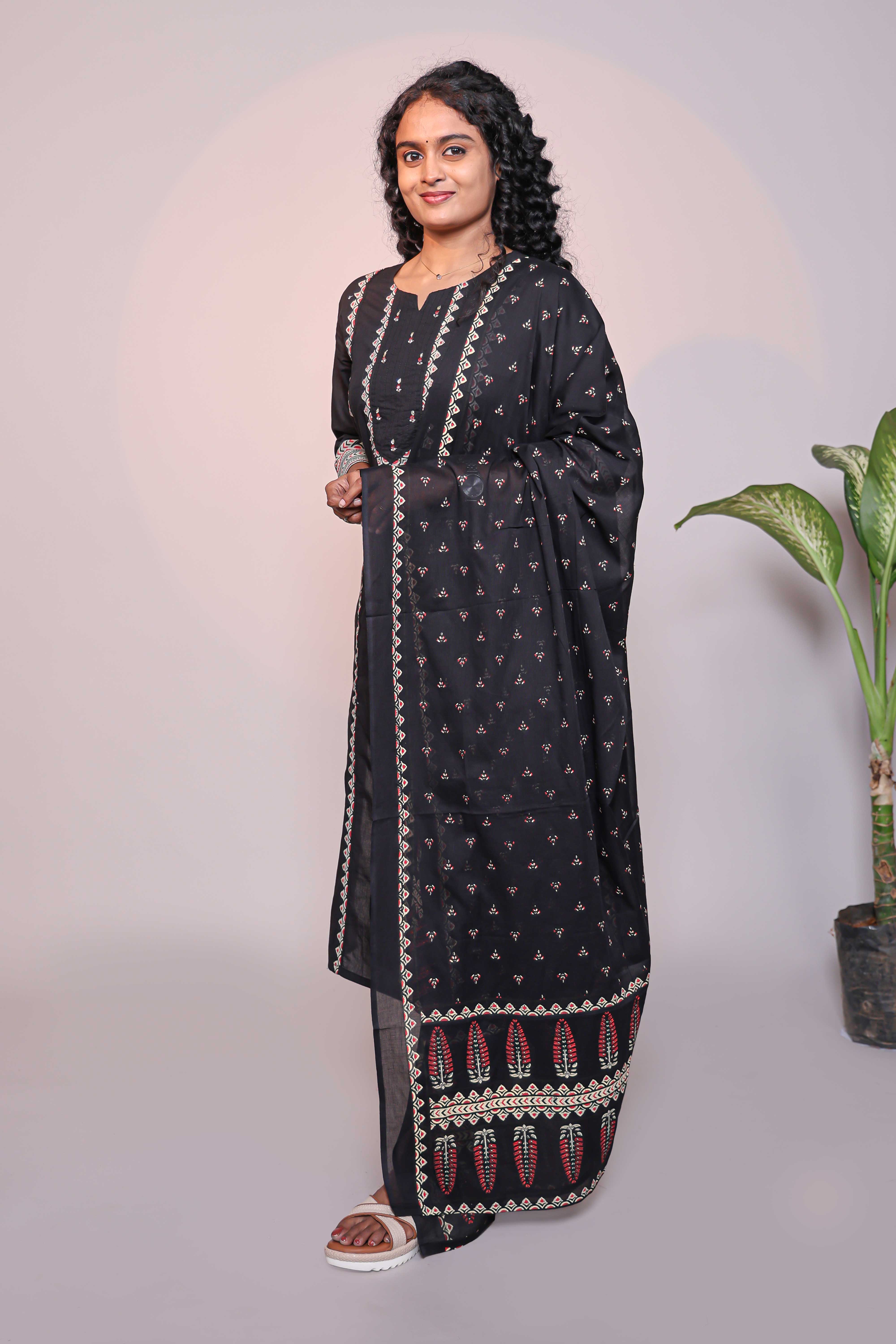 Black motifs design 3/4 slevee salwar suit with matching pant and floral printed dupatta