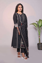 Black motifs design 3/4 slevee salwar suit with matching pant and floral printed dupatta