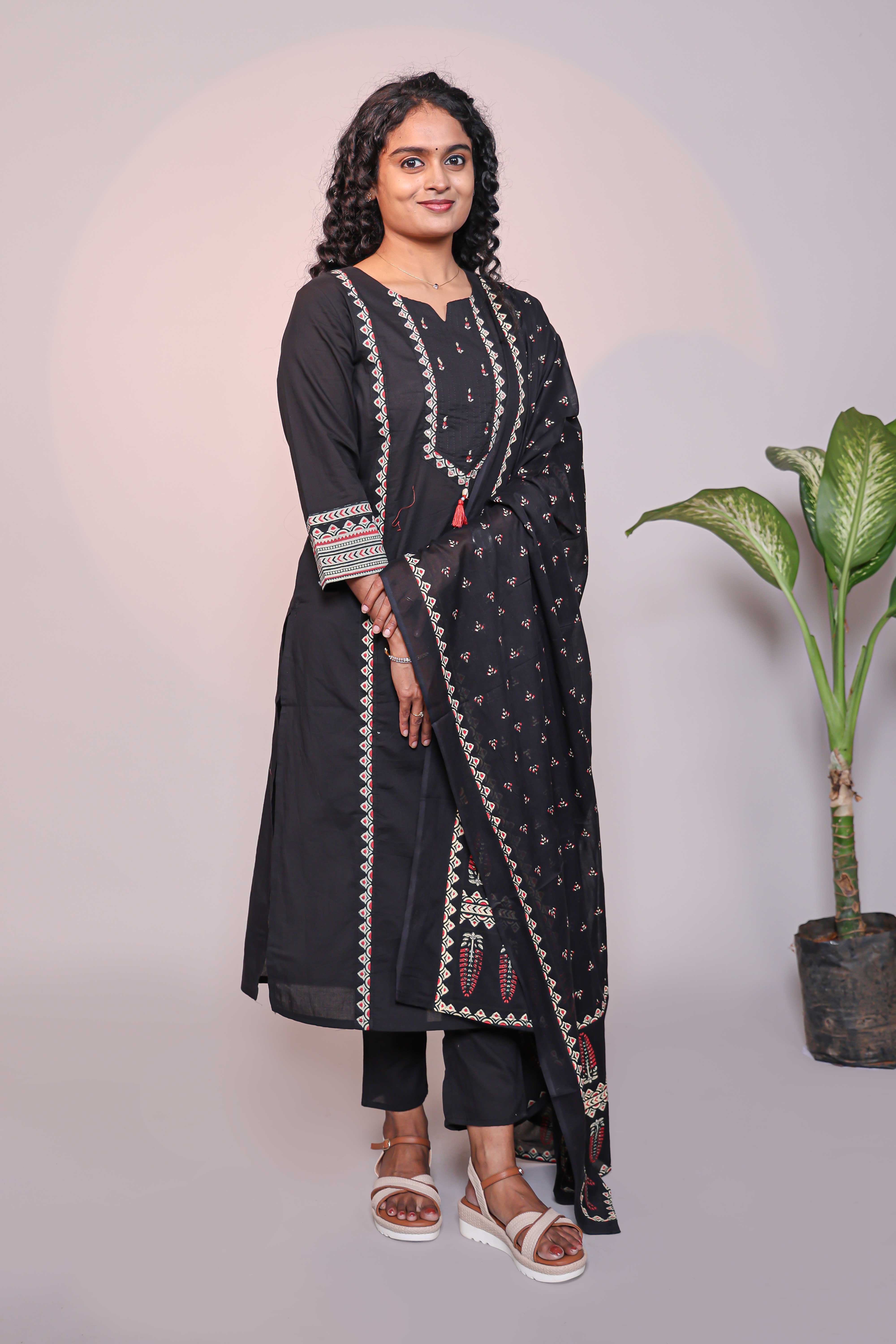 Black motifs design 3/4 slevee salwar suit with matching pant and floral printed dupatta