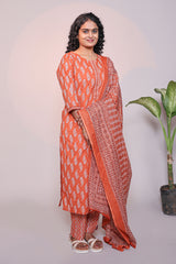 Orange motifs design 3/4 slevee salwar suit with matching pant and floral printed dupatta