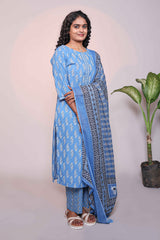Blue motifs design 3/4 slevee salwar suit with matching pant and floral printed dupatta