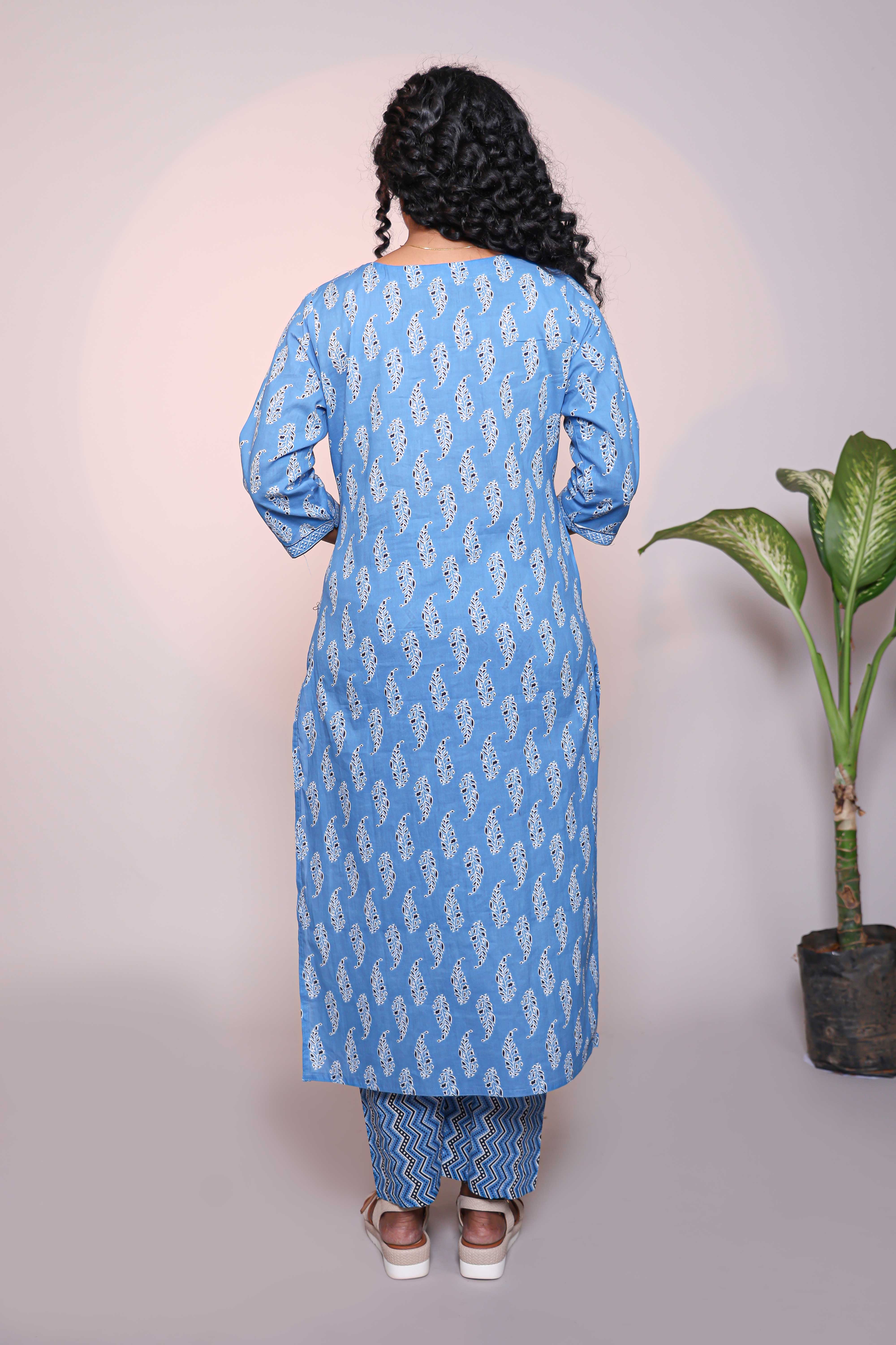 Blue motifs design 3/4 slevee salwar suit with matching pant and floral printed dupatta