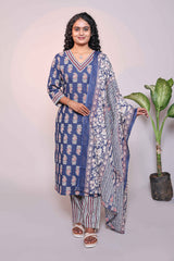 Dark blue motifs design 3/4 slevee salwar suit with matching pant and floral printed dupatta