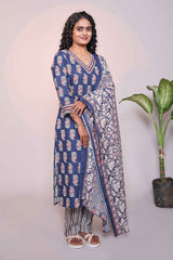 Dark blue motifs design 3/4 slevee salwar suit with matching pant and floral printed dupatta
