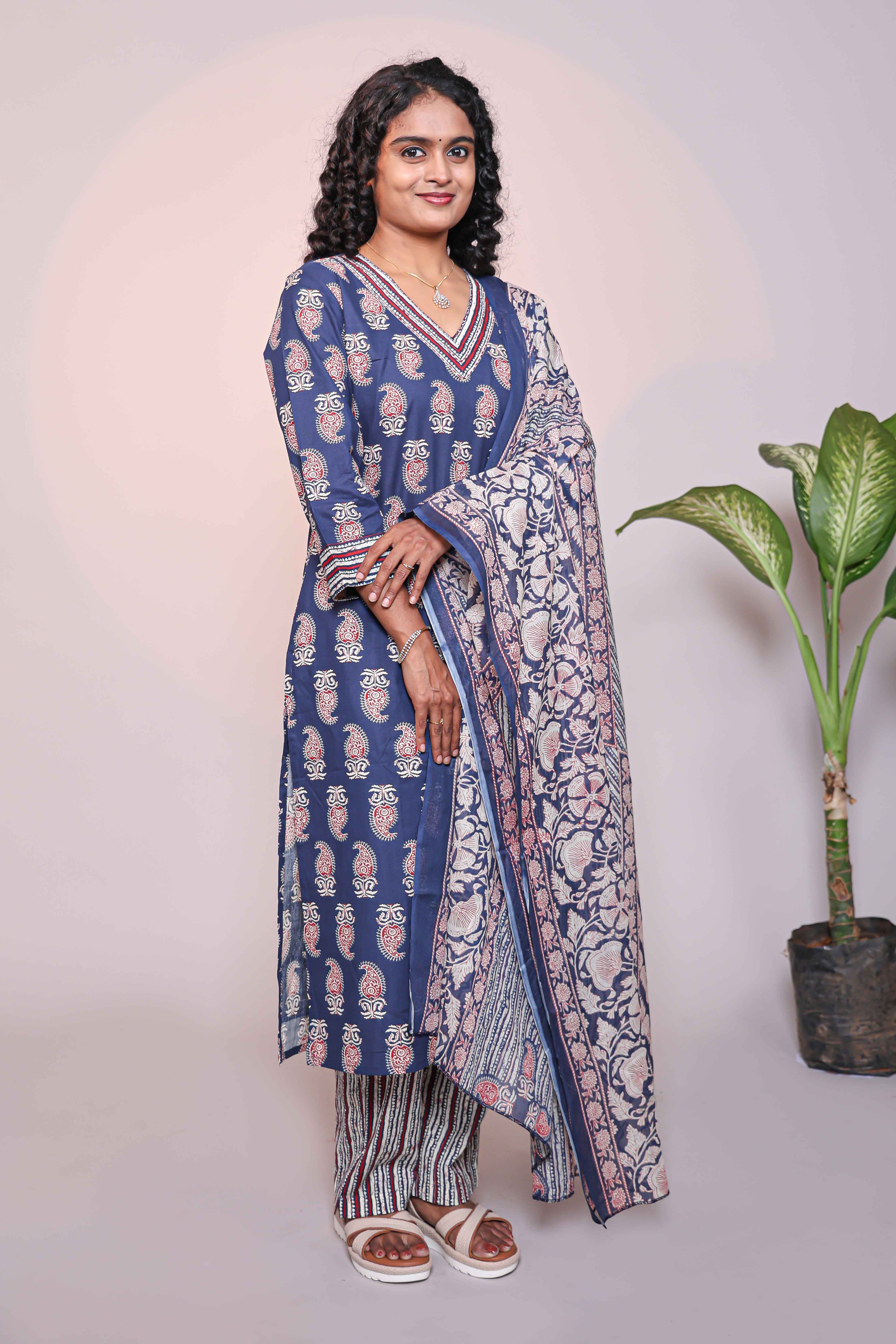 Dark blue motifs design 3/4 slevee salwar suit with matching pant and floral printed dupatta