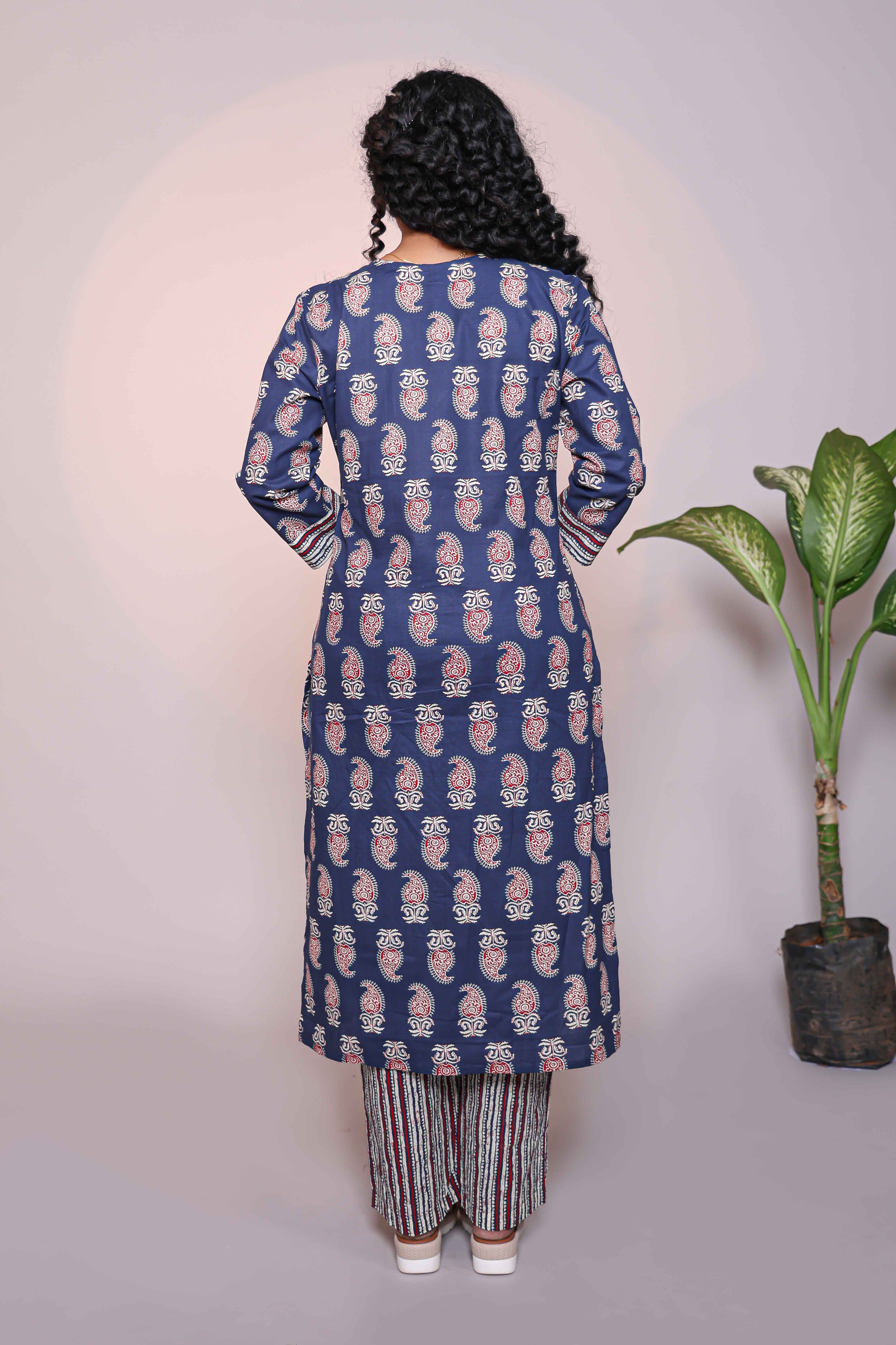 Dark blue motifs design 3/4 slevee salwar suit with matching pant and floral printed dupatta