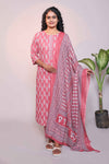 Pink motifs design 3/4 slevee salwar suit with matching pant and floral printed dupatta