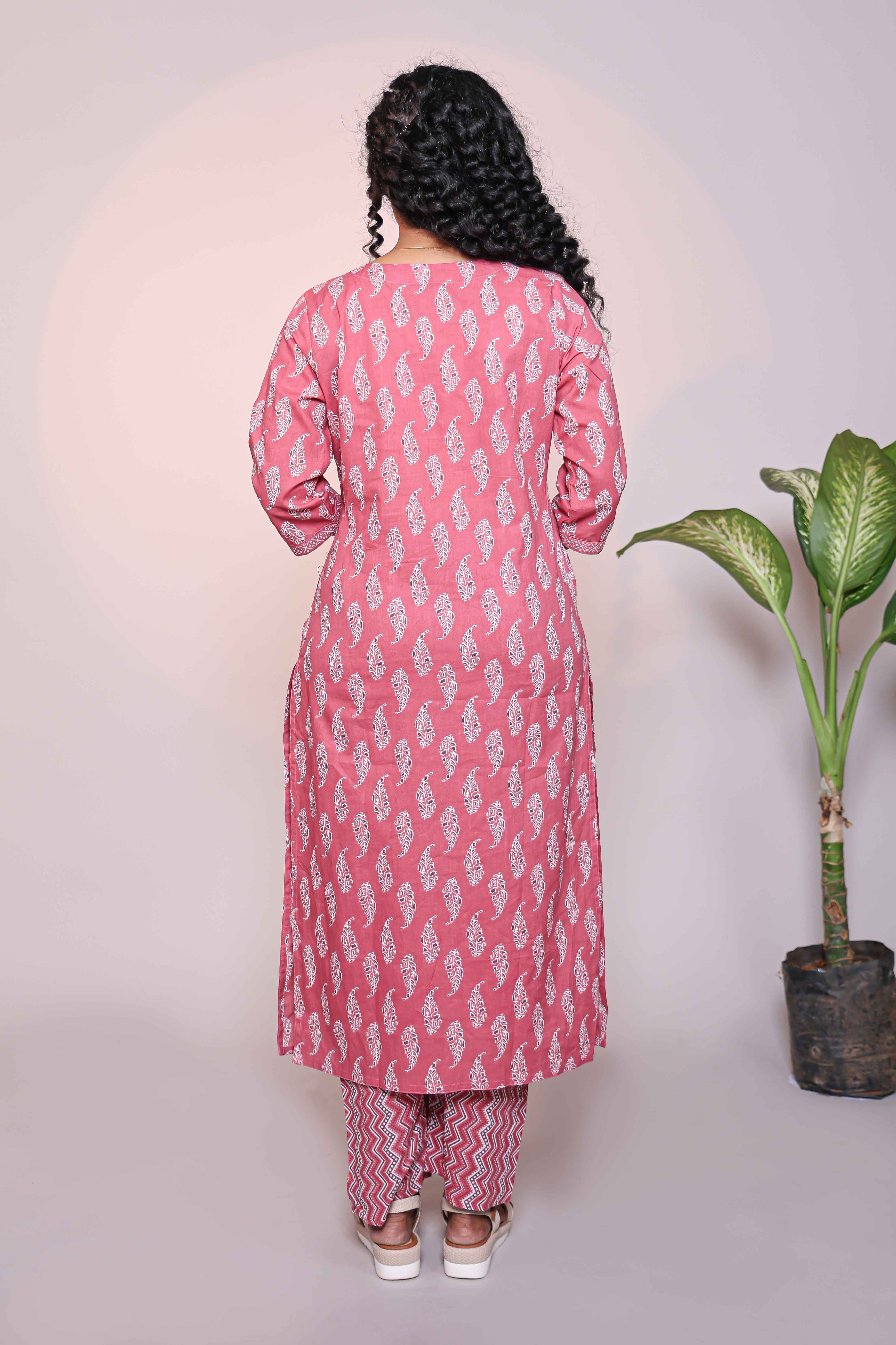 Pink motifs design 3/4 slevee salwar suit with matching pant and floral printed dupatta