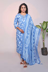 Blue floral design 3/4 slevee salwar suit with matching pant and floral printed dupatta