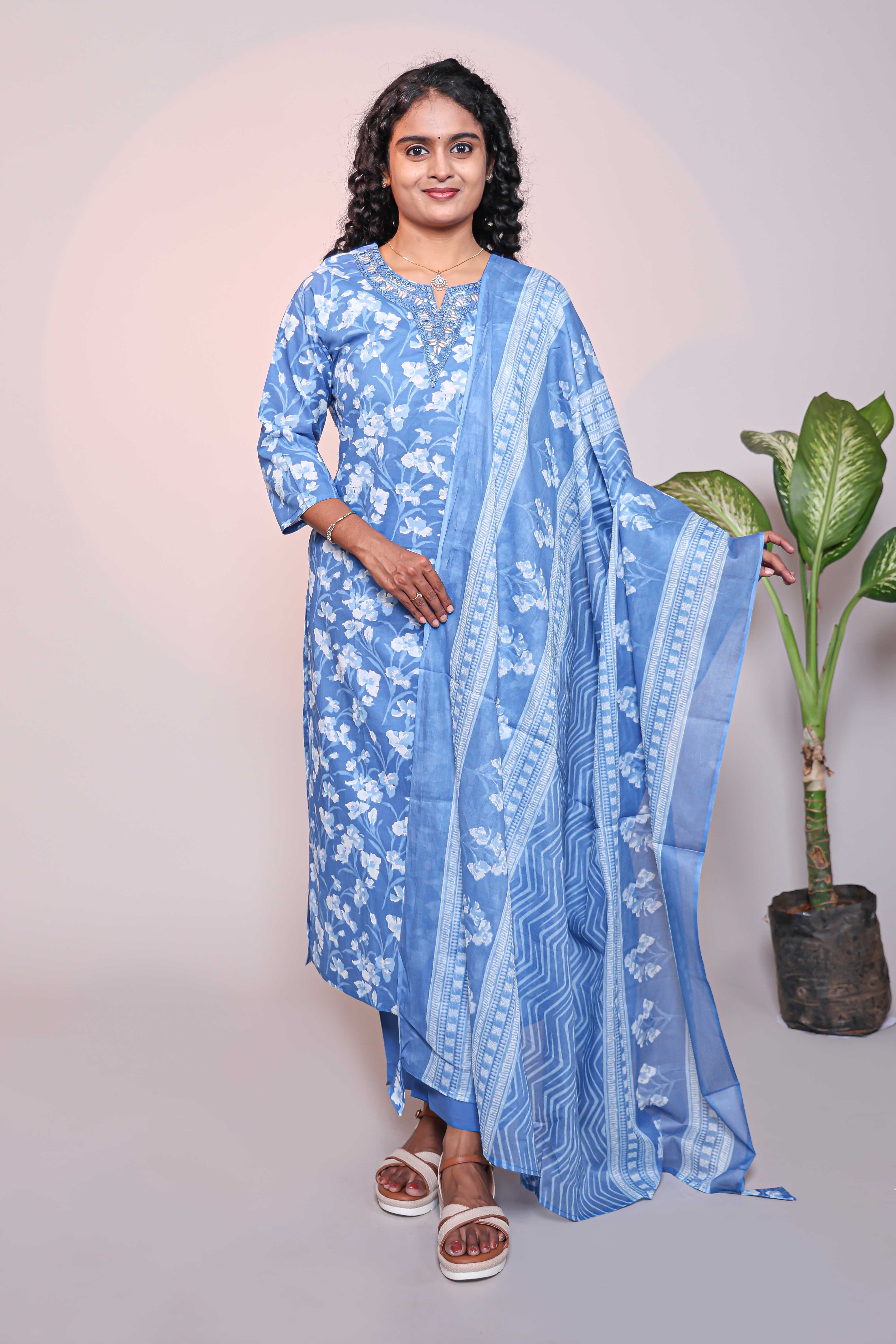 Blue floral design 3/4 slevee salwar suit with matching pant and floral printed dupatta