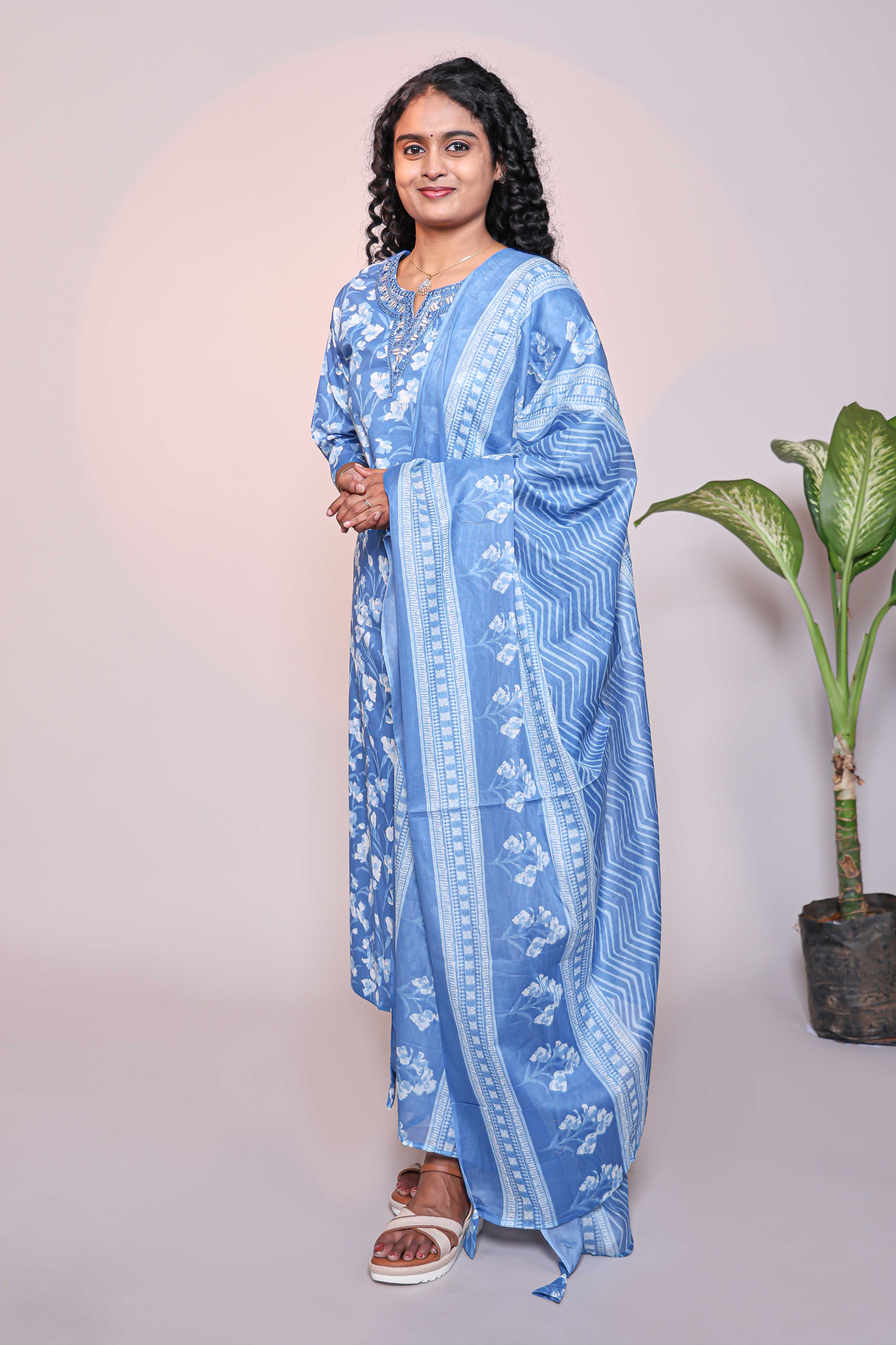 Blue floral design 3/4 slevee salwar suit with matching pant and floral printed dupatta