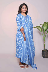 Blue floral design 3/4 slevee salwar suit with matching pant and floral printed dupatta