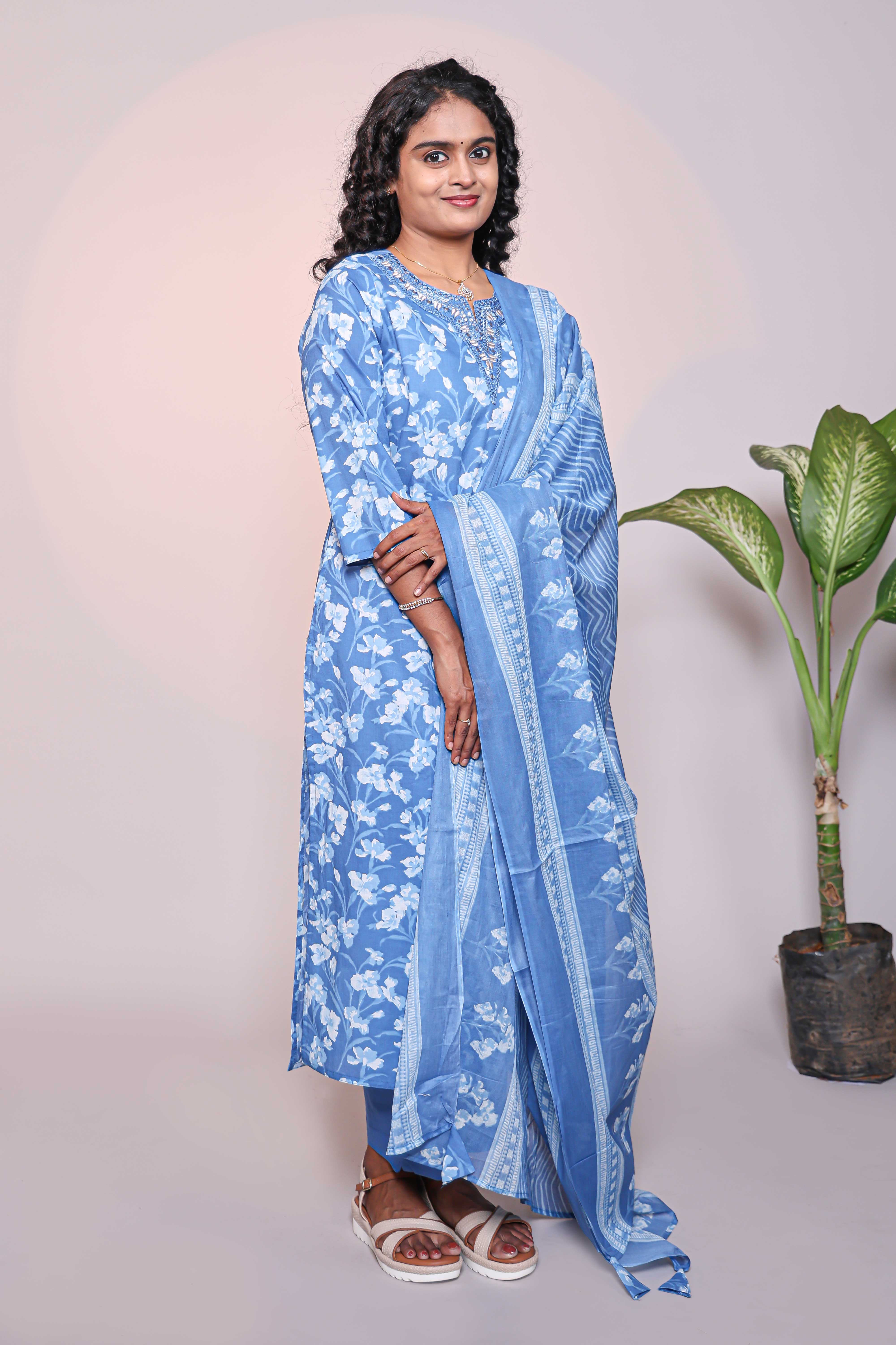 Blue floral design 3/4 slevee salwar suit with matching pant and floral printed dupatta