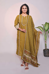 Olive green motifs design 3/4 slevee salwar suit with matching pant and floral printed dupatta