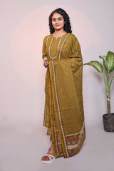 Olive green motifs design 3/4 slevee salwar suit with matching pant and floral printed dupatta