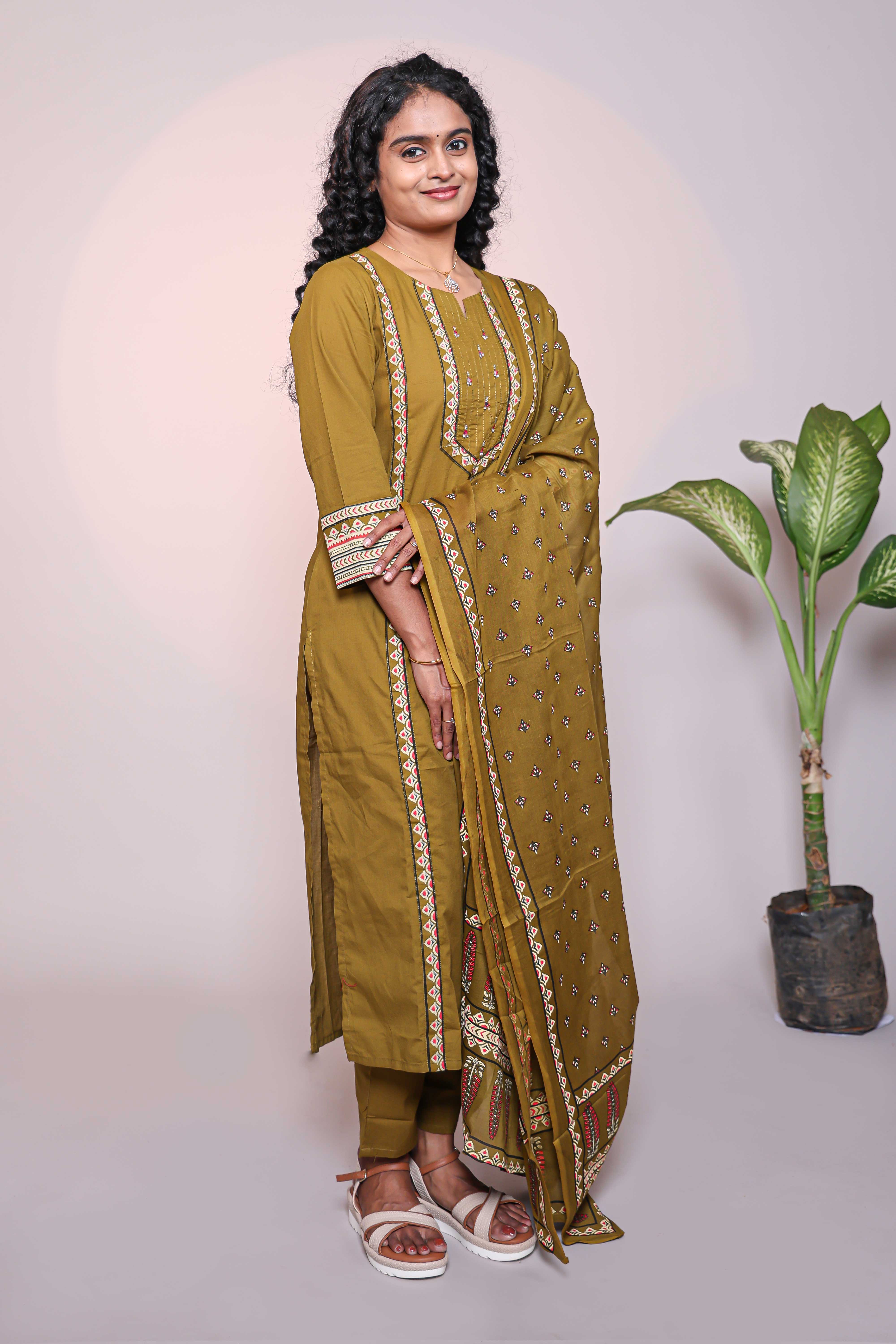 Olive green motifs design 3/4 slevee salwar suit with matching pant and floral printed dupatta