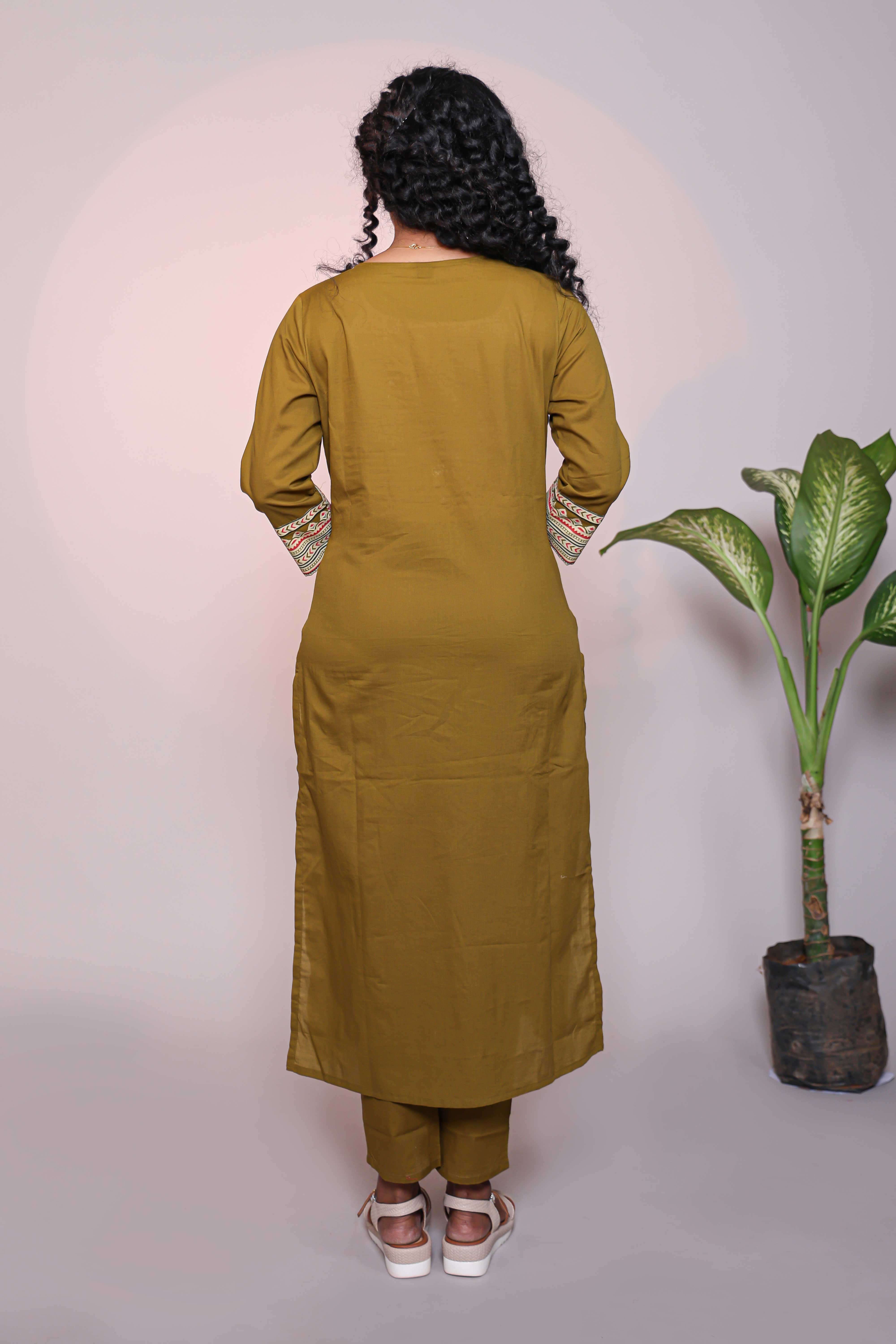 Olive green motifs design 3/4 slevee salwar suit with matching pant and floral printed dupatta