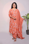 Orange floral design 3/4 slevee salwar suit with matching pant and floral printed dupatta
