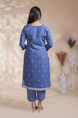 Blue Motif Printed Salwar Suit with V-Neck, 3/4 Sleeves and Matching Bottom