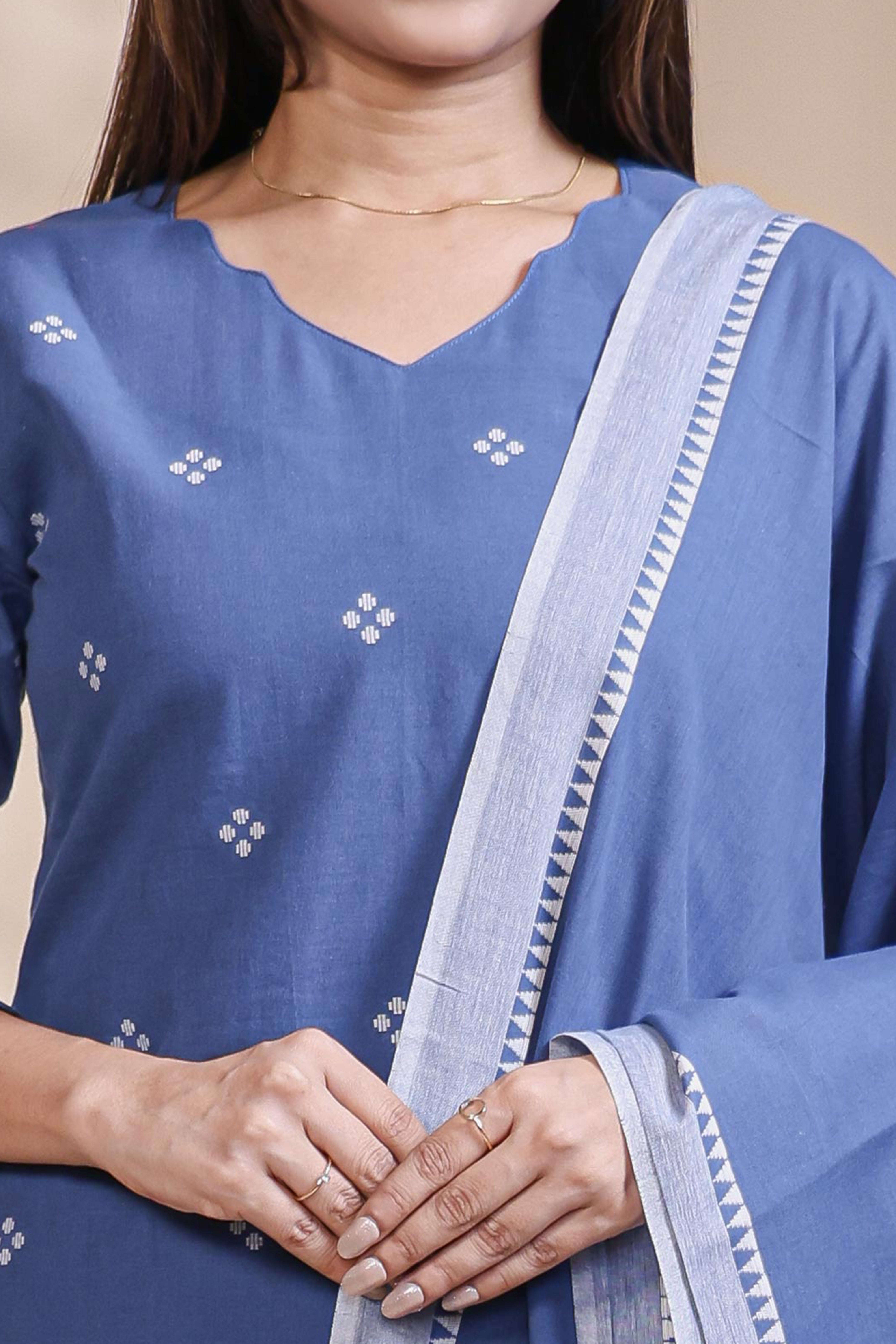 Blue Motif Printed Salwar Suit with V-Neck, 3/4 Sleeves and Matching Bottom