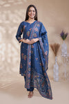 Blue floral Motif Printed Salwar Suit with V-Neck, 3/4 Sleeves and Matching Bottom