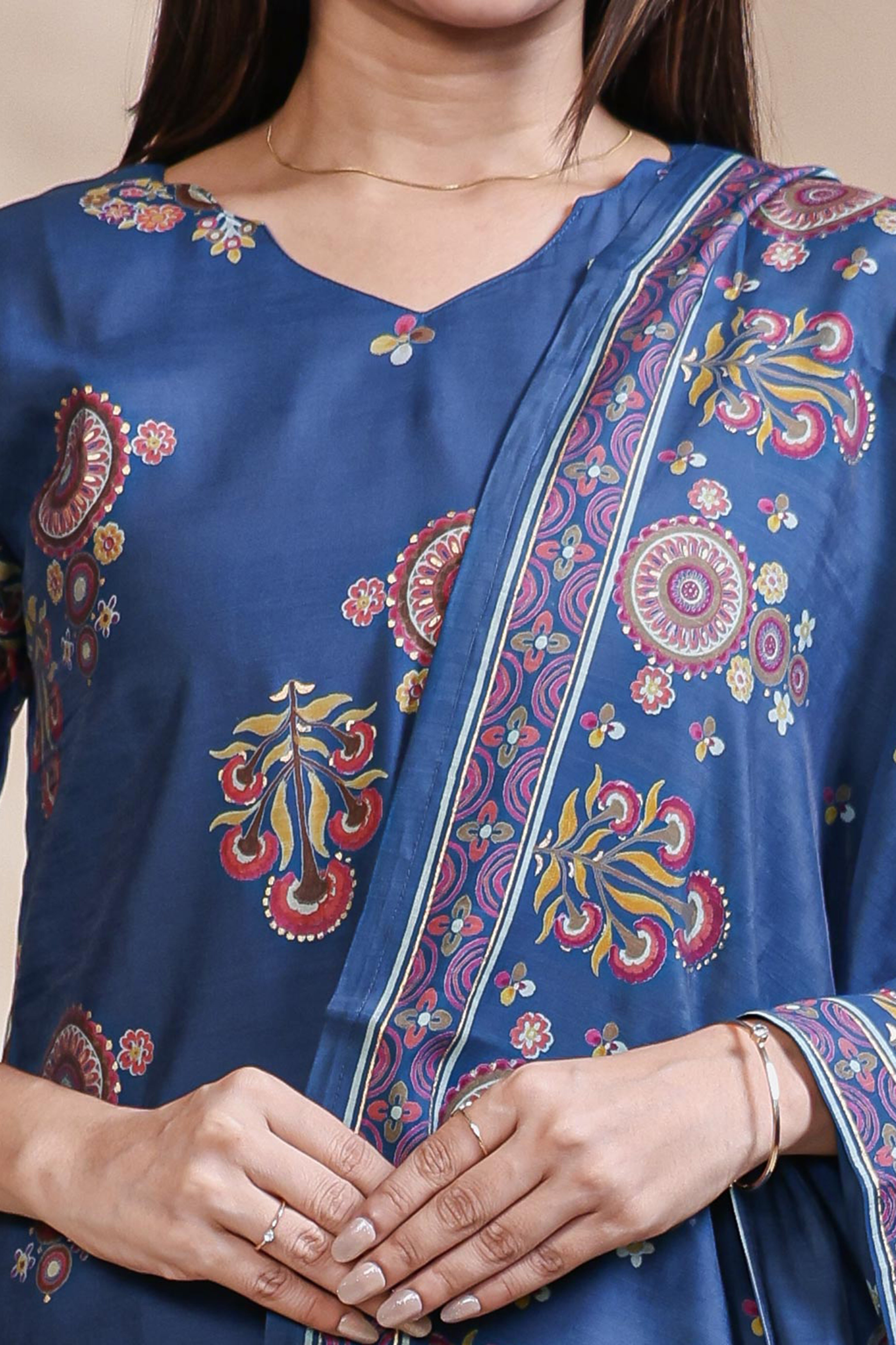 Blue floral Motif Printed Salwar Suit with V-Neck, 3/4 Sleeves and Matching Bottom