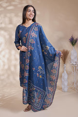 Blue floral Motif Printed Salwar Suit with V-Neck, 3/4 Sleeves and Matching Bottom