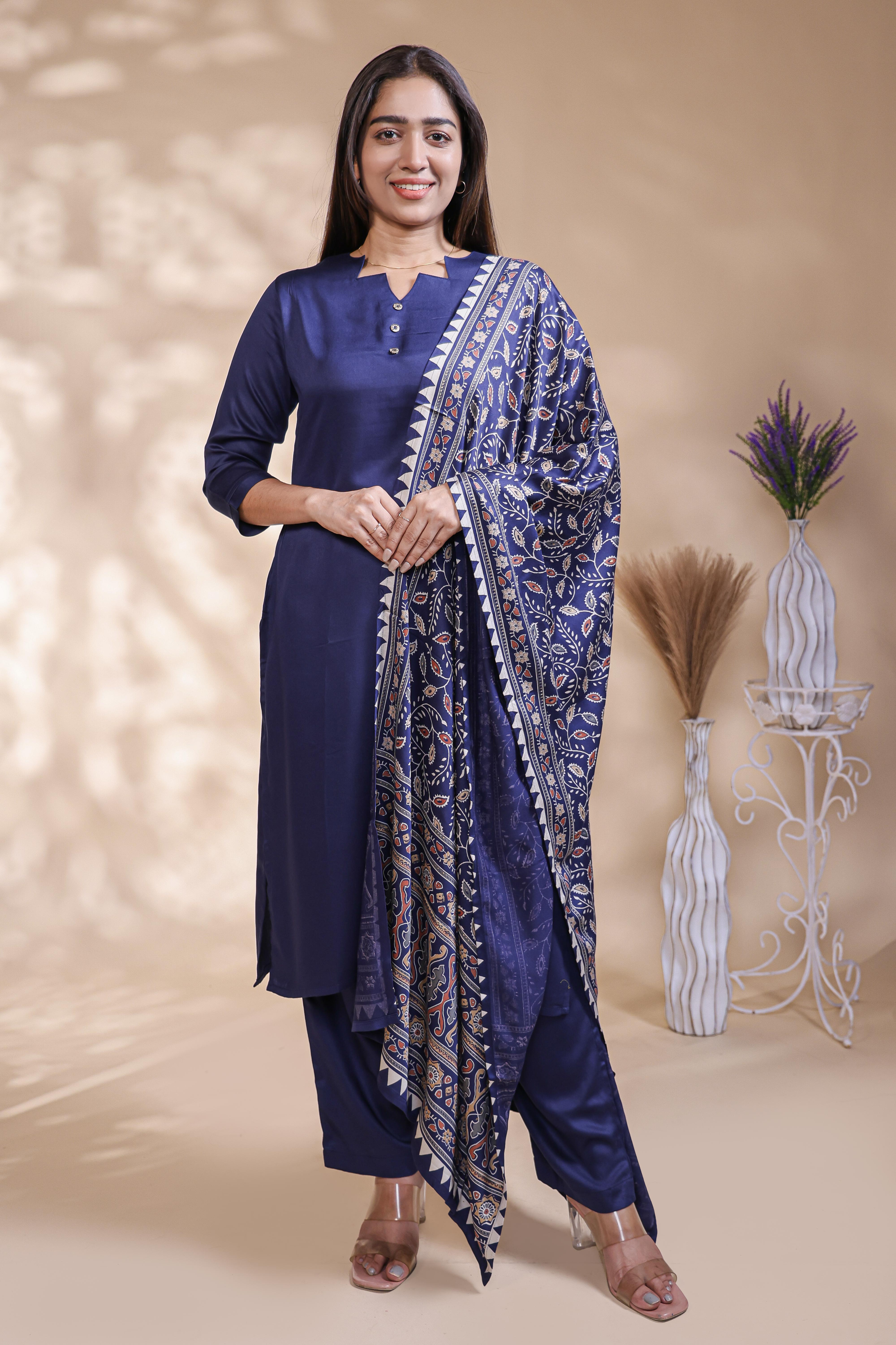 Ink blue plain salwar suit with front star cut neck, 3/4 sleeves and matching bottom