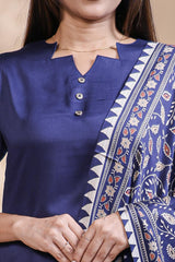 Ink blue plain salwar suit with front star cut neck, 3/4 sleeves and matching bottom