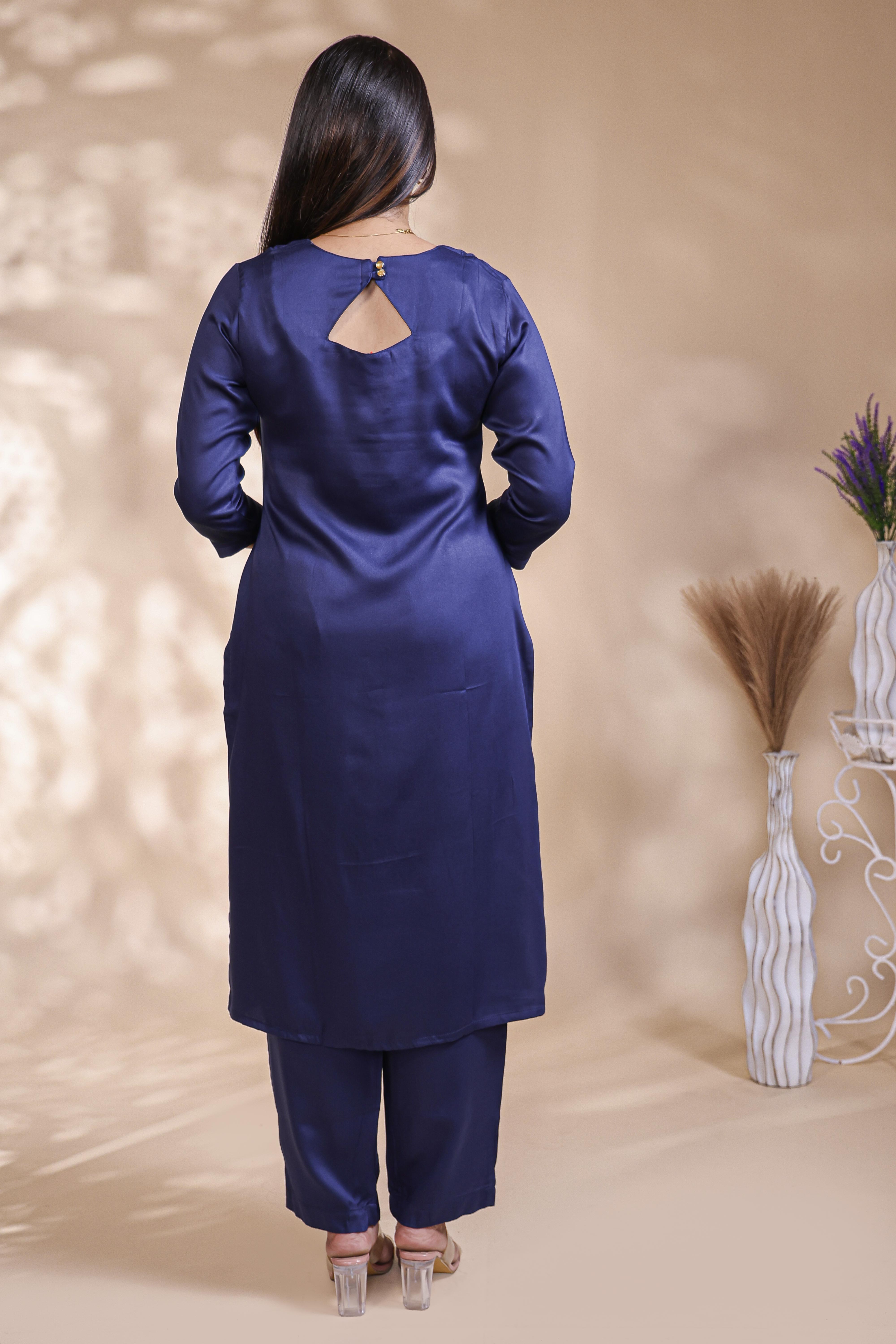 Ink blue plain salwar suit with front star cut neck, 3/4 sleeves and matching bottom