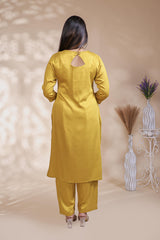Mustard plain salwar suit with front star cut neck, 3/4 sleeves and matching bottom