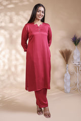 Red plain salwar suit with front star cut neck, 3/4 sleeves and matching bottom