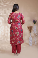 Red floral design salwar suit with front V-neck, 3/4 sleeves and matching bottom