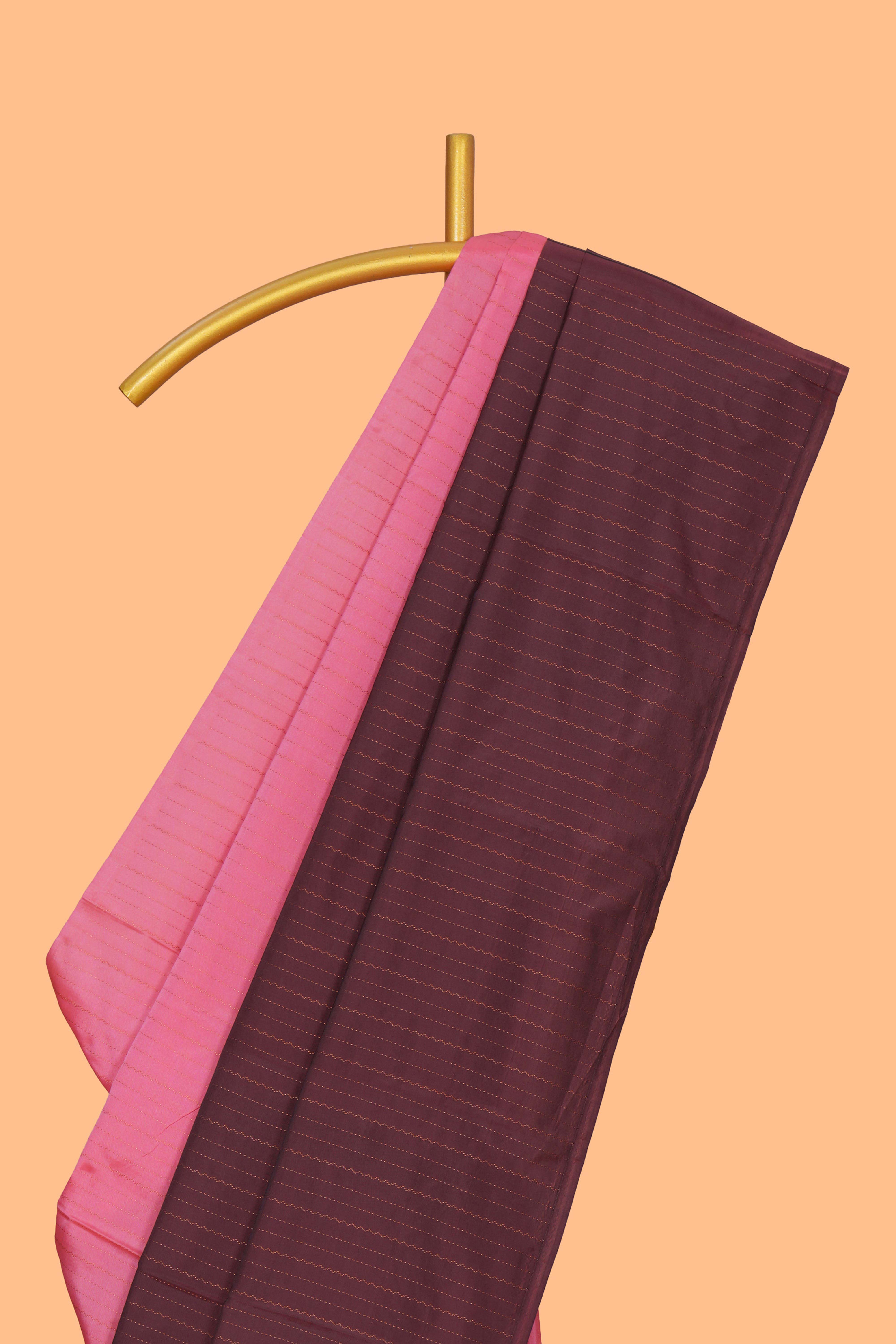 Borderless pink & brown dual shade striped semisilk cotton saree with striped pallu and matching blouse