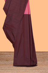 Borderless pink & brown dual shade striped semisilk cotton saree with striped pallu and matching blouse