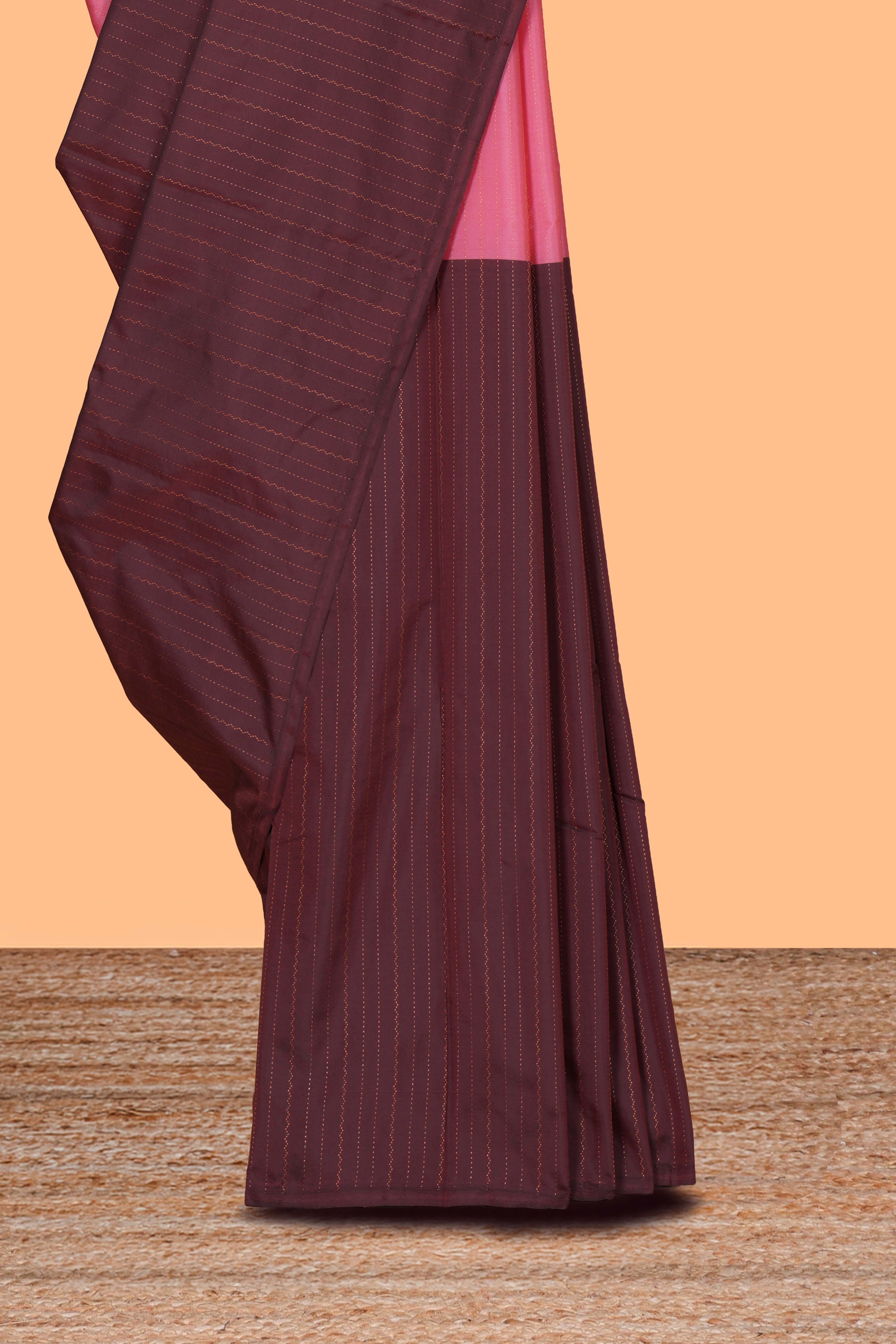Borderless pink & brown dual shade striped semisilk cotton saree with striped pallu and matching blouse