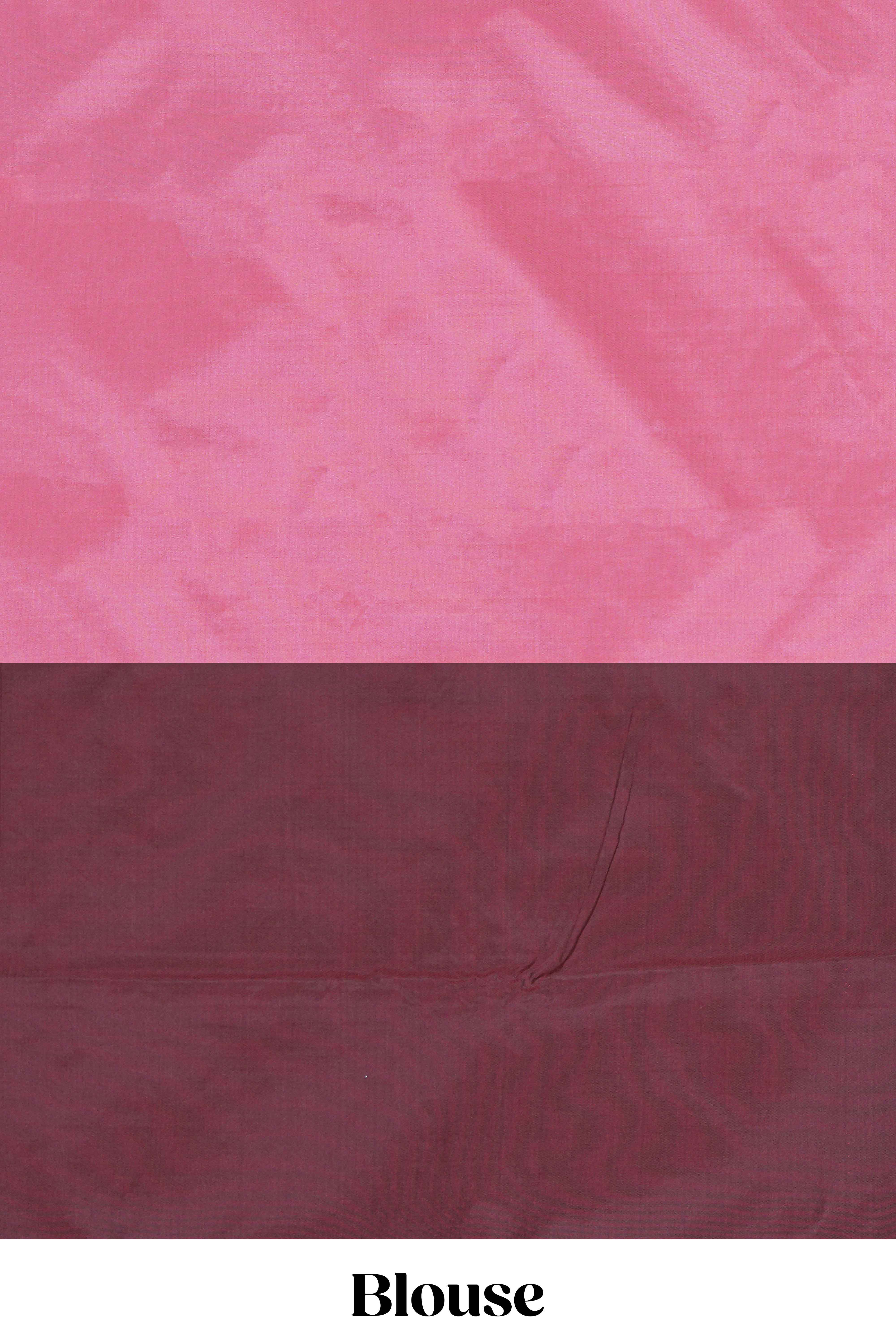 Borderless pink & brown dual shade striped semisilk cotton saree with striped pallu and matching blouse