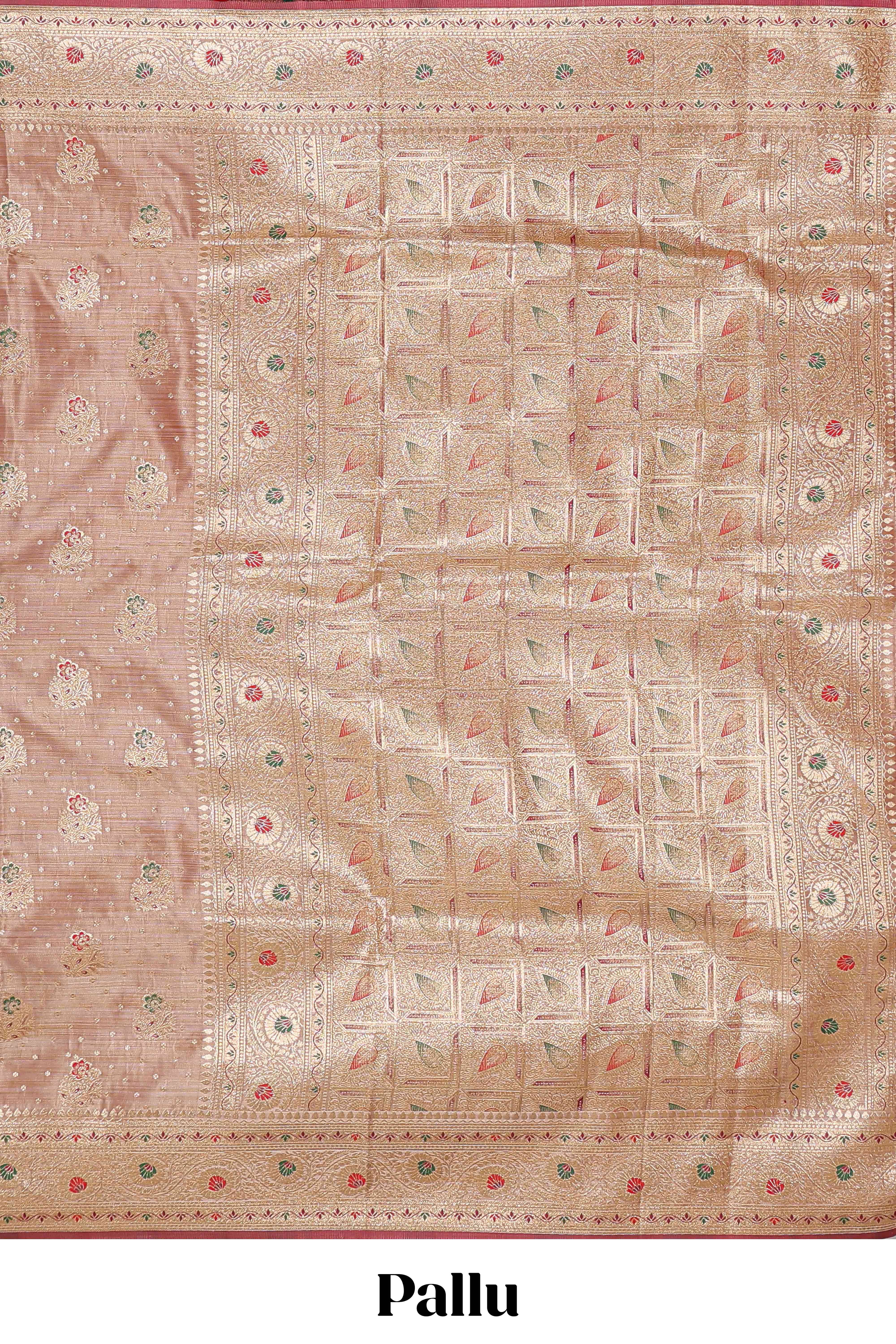 Beige zari butta semi soft silk saree with self border and matching pallu