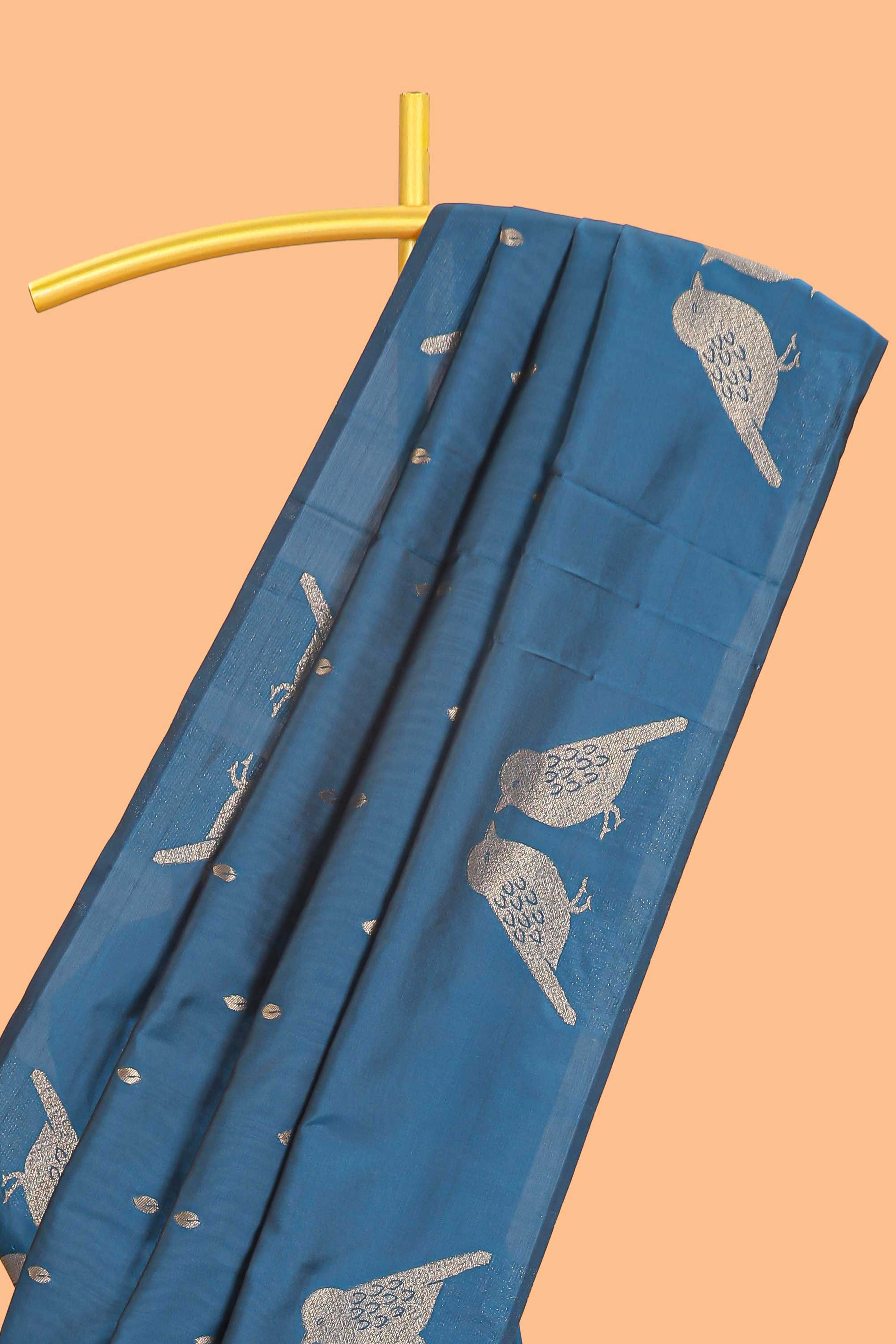 Borderless blue leaf zari butta and birds design semi soft silk saree with self pallu and matching blouse