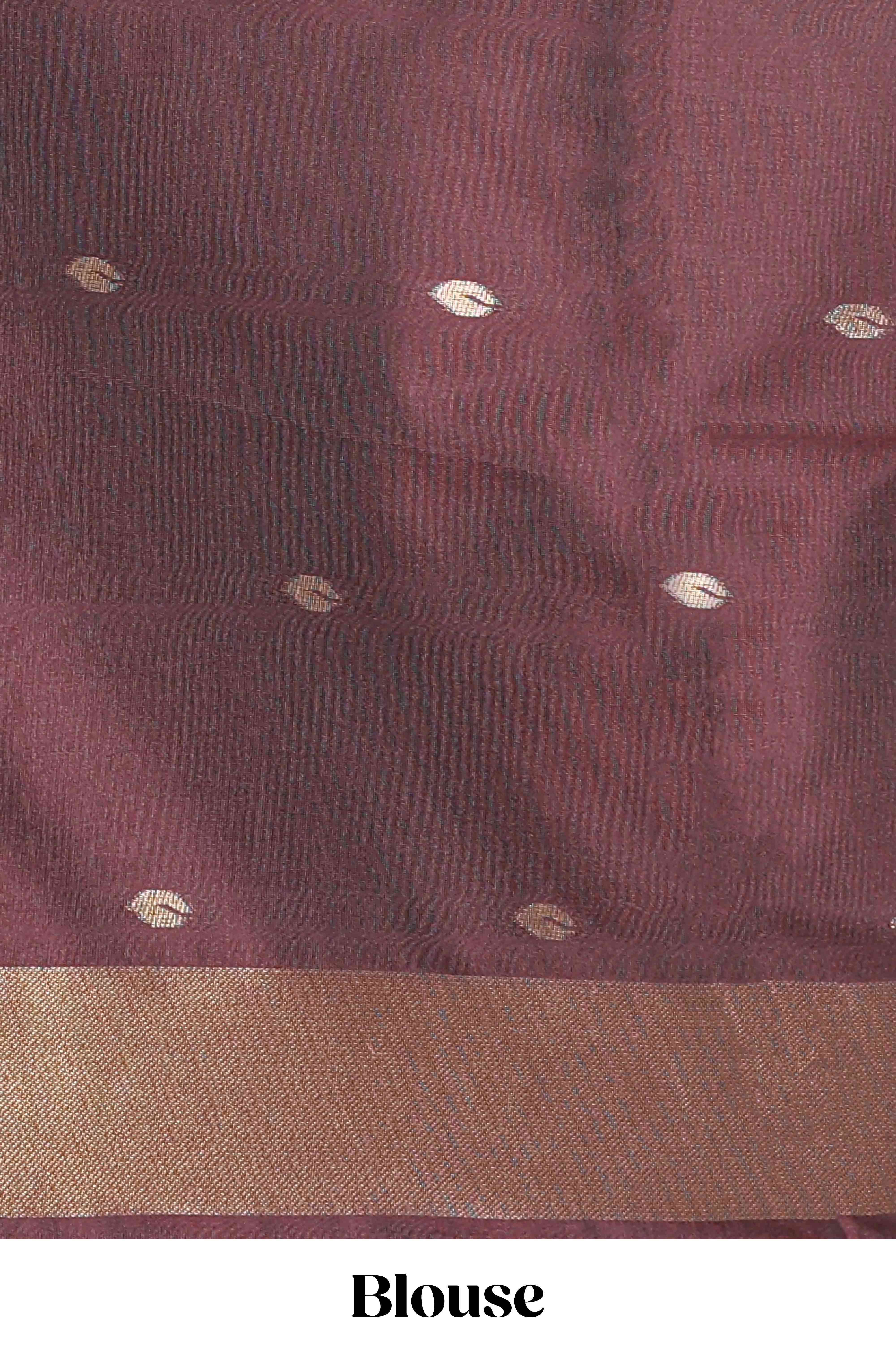 Borderless brown leaf zari butta and birds design semi soft silk saree with self pallu and matching blouse