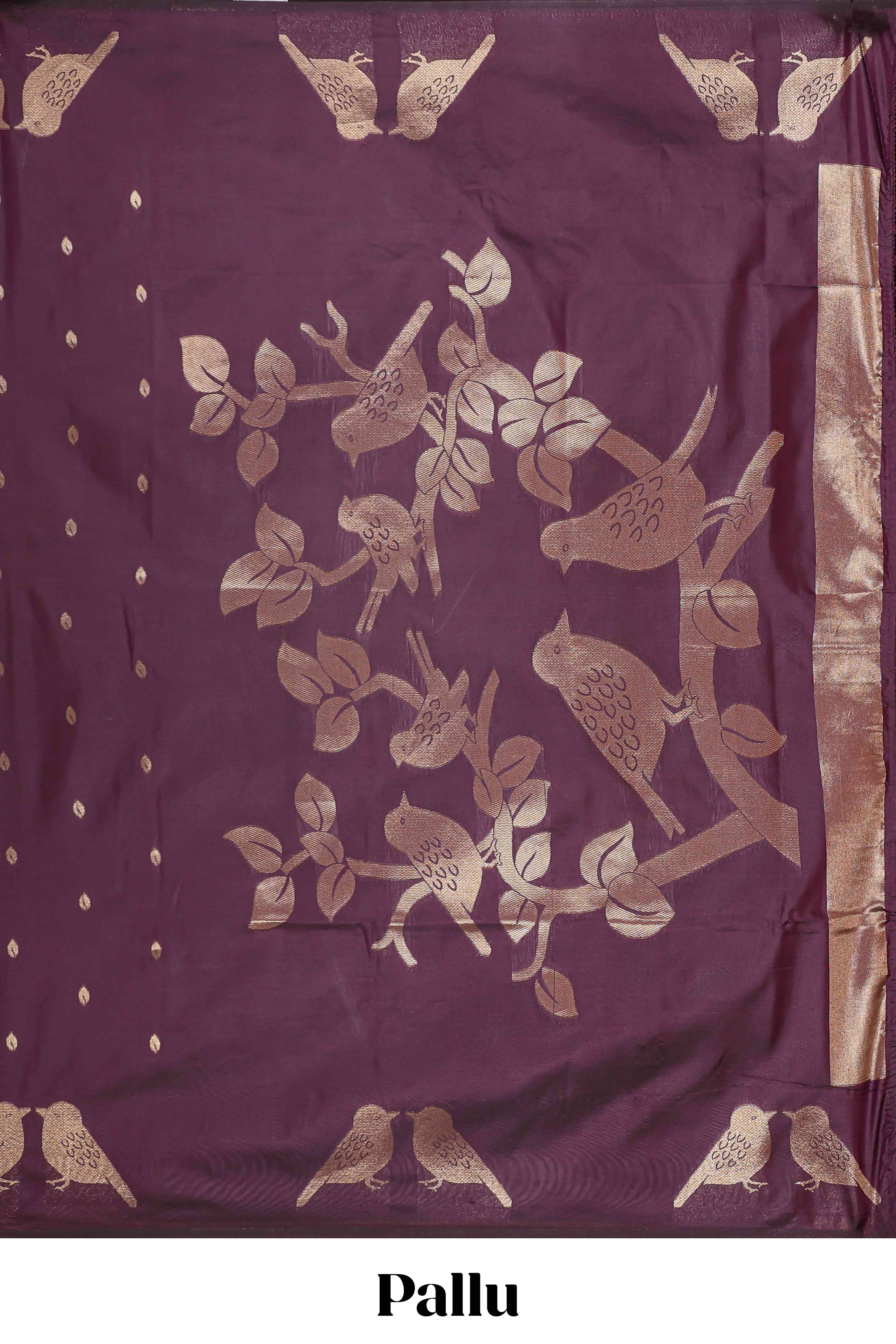 Borderless mulberry purple leaf zari butta and birds design semi soft silk saree with self pallu and matching blouse