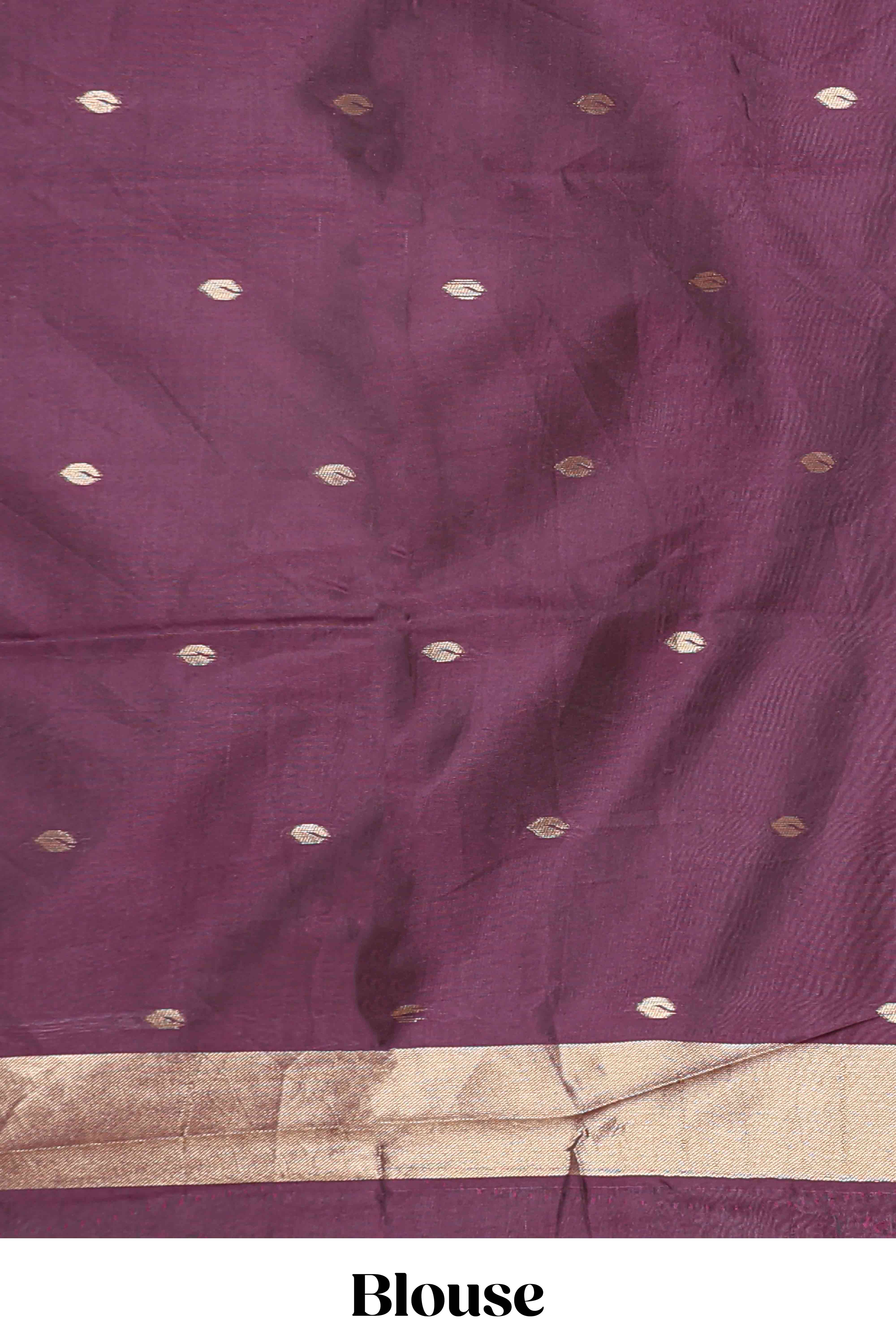 Borderless mulberry purple leaf zari butta and birds design semi soft silk saree with self pallu and matching blouse