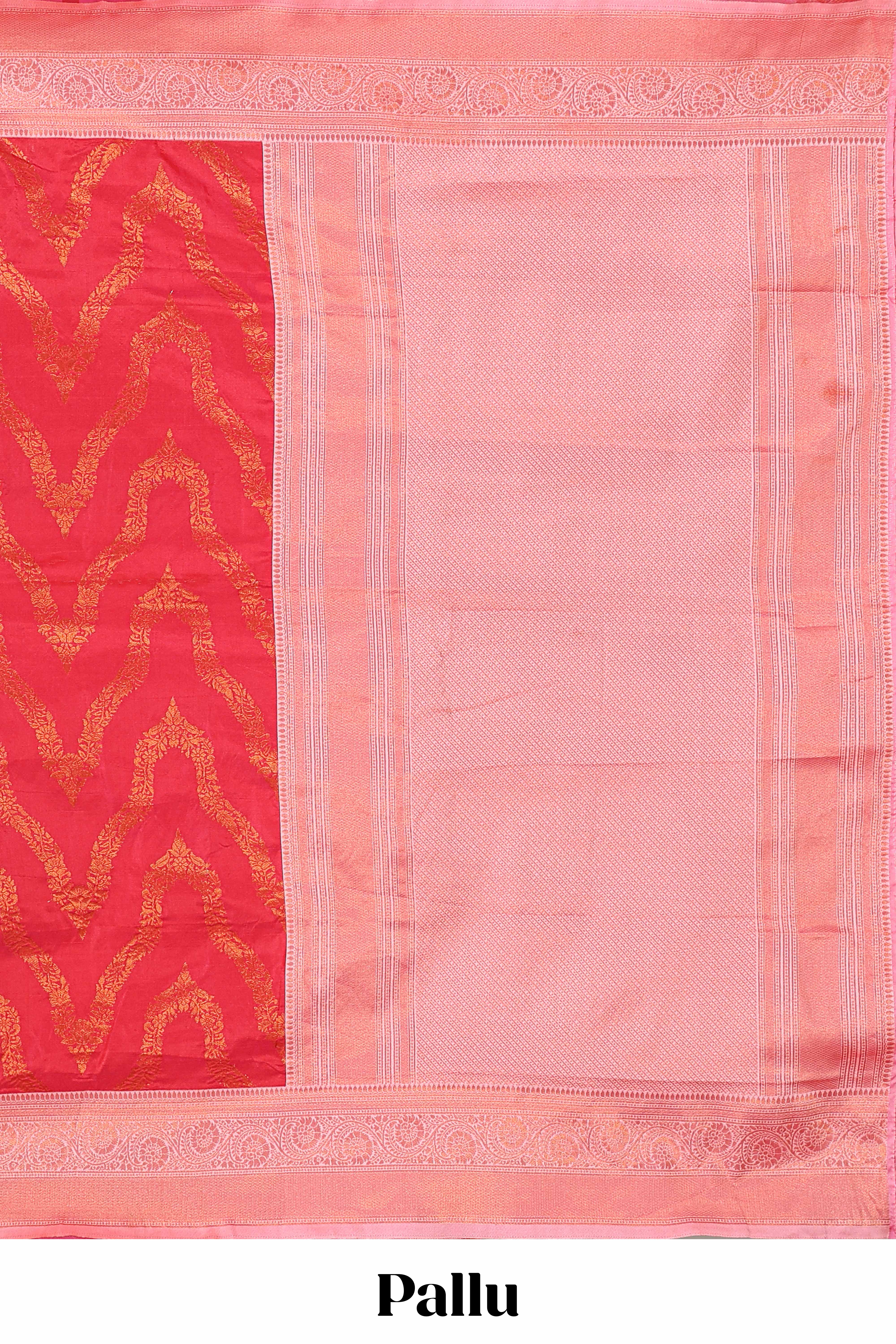 Pink zig zag zari design semi soft silk saree with contrast border and floral printed blouse