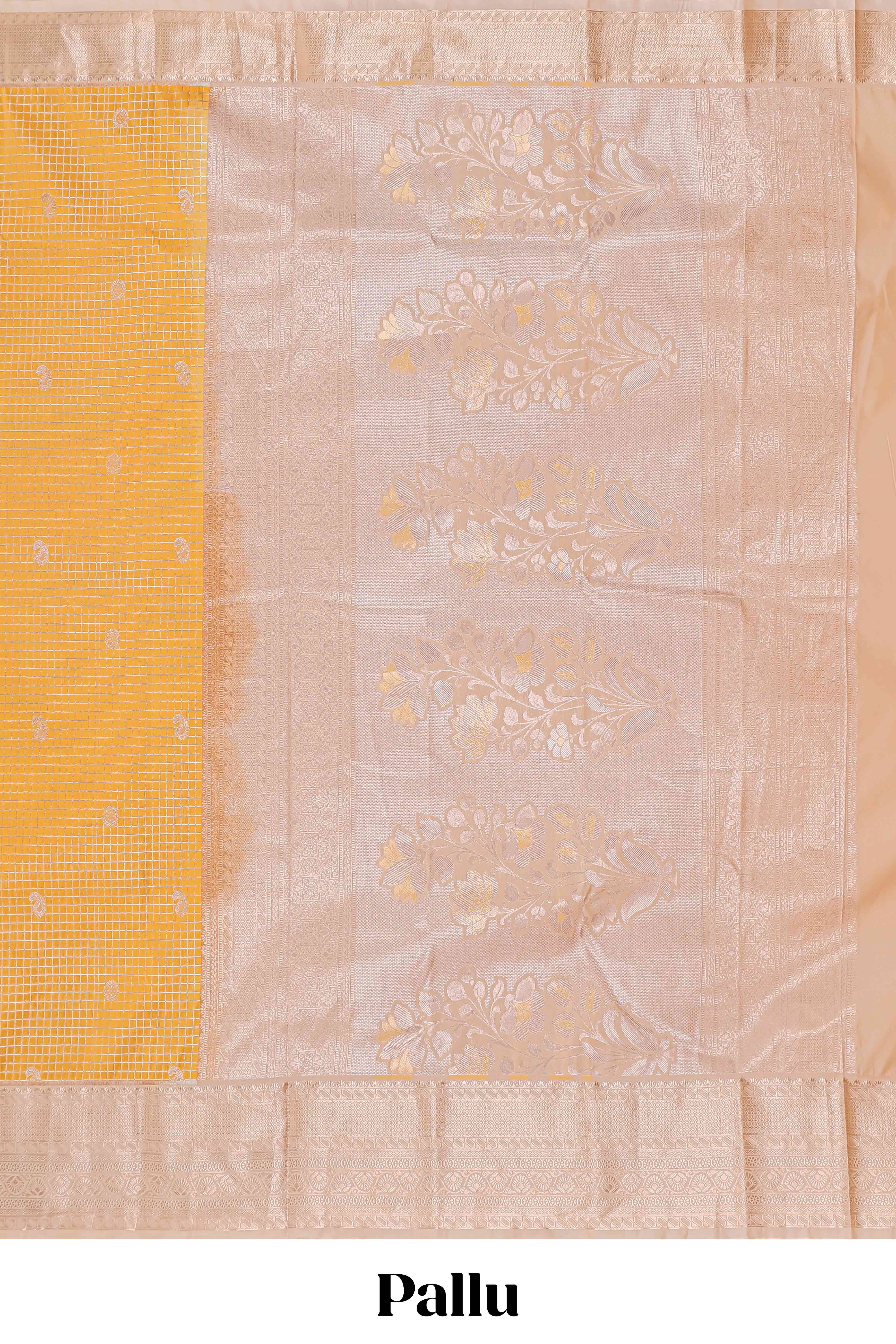 Mustard checked zari butta semi soft silk saree with contrast border and pallu
