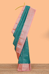 Persian green checked zari butta semi soft silk saree with contrast border and floral design pallu